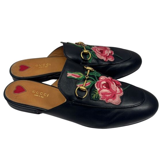 Gucci Princetown Rose Embroidered Black Loafer Mules Sz 40 Designer Iconic Flats - Picture 10 of 11